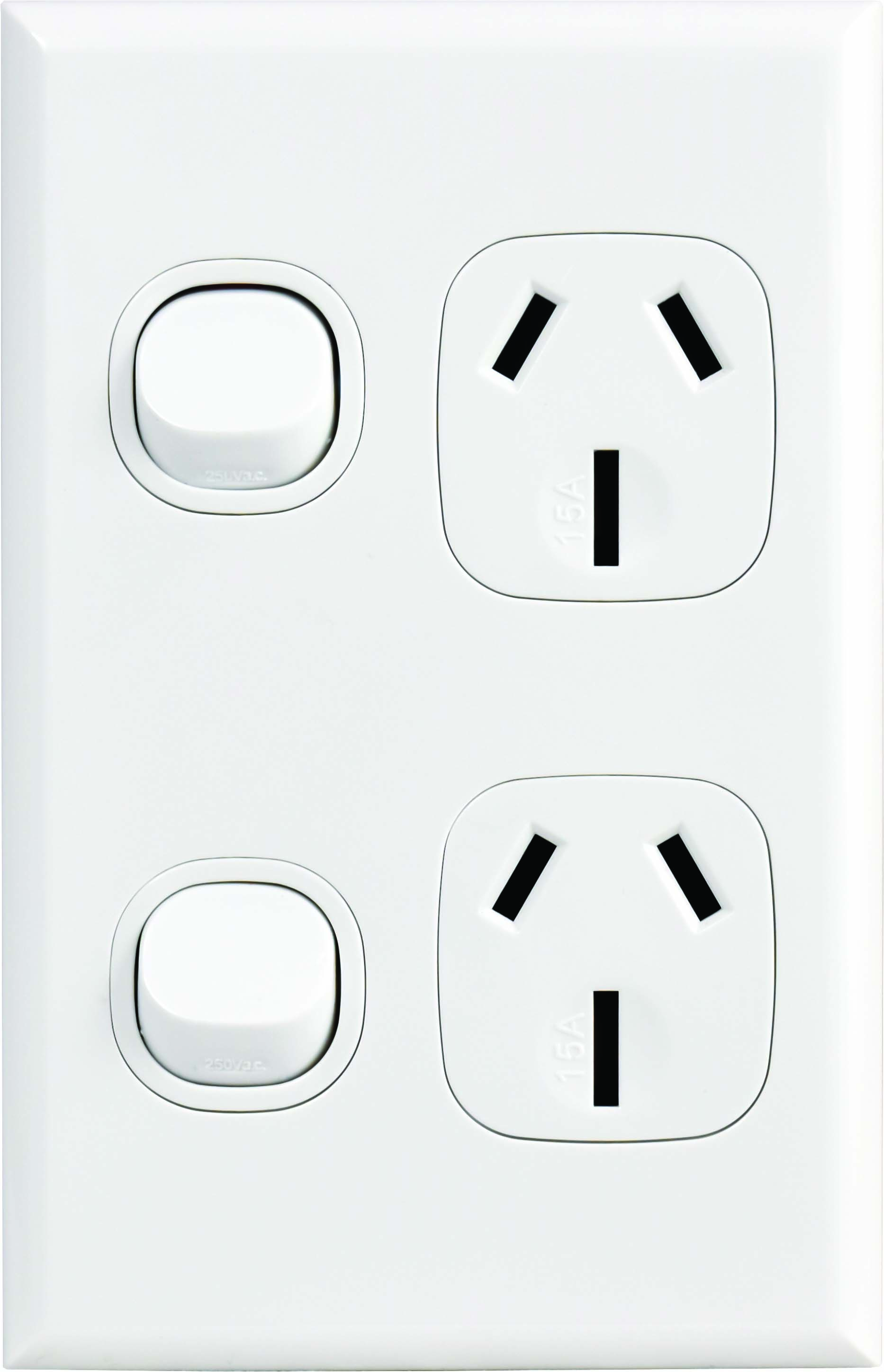 15A Double Switched, Vertical Power Point, White, Home