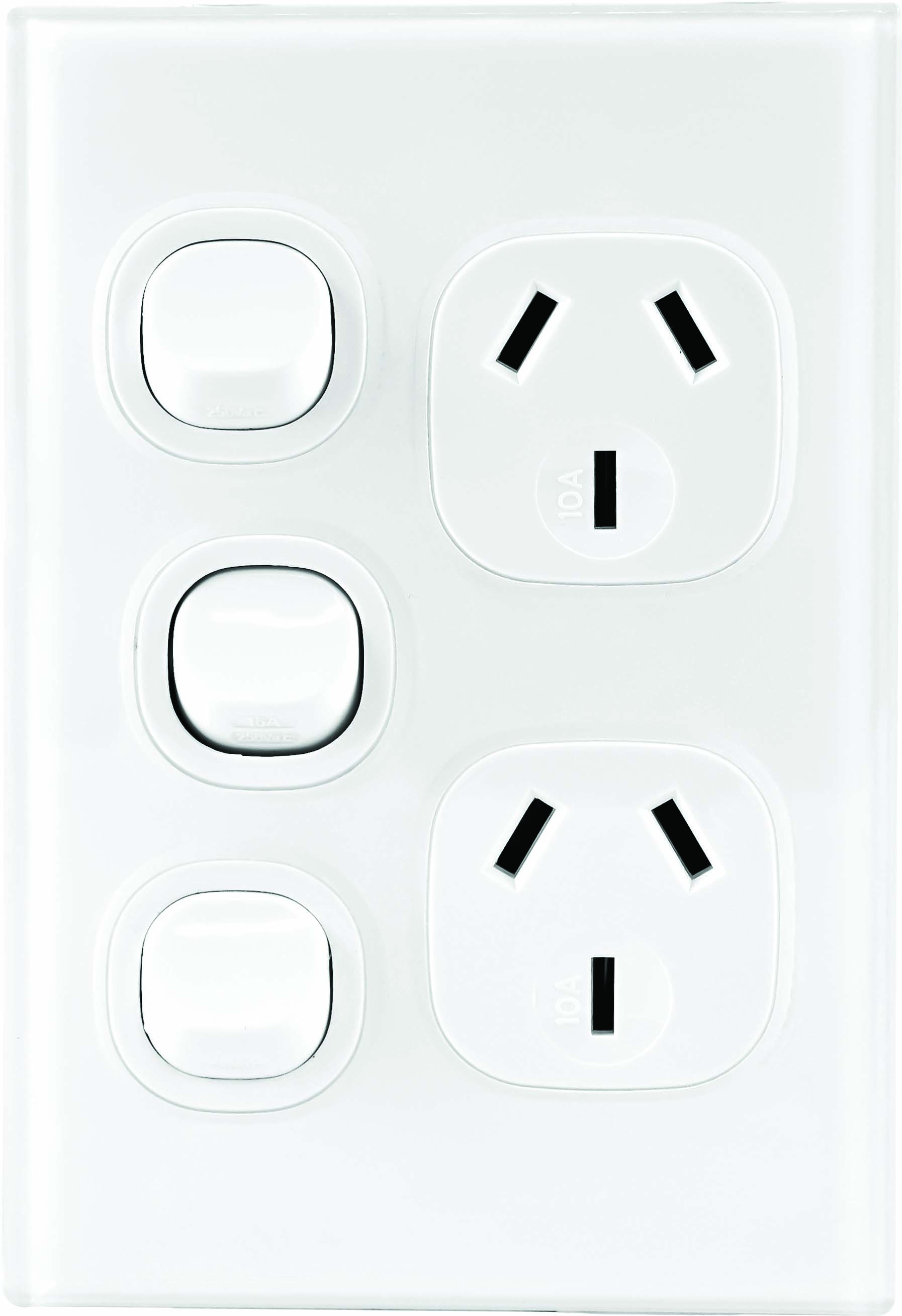 10A Double Switched, Vertical Power Point With Extra Switch, White, Fusion