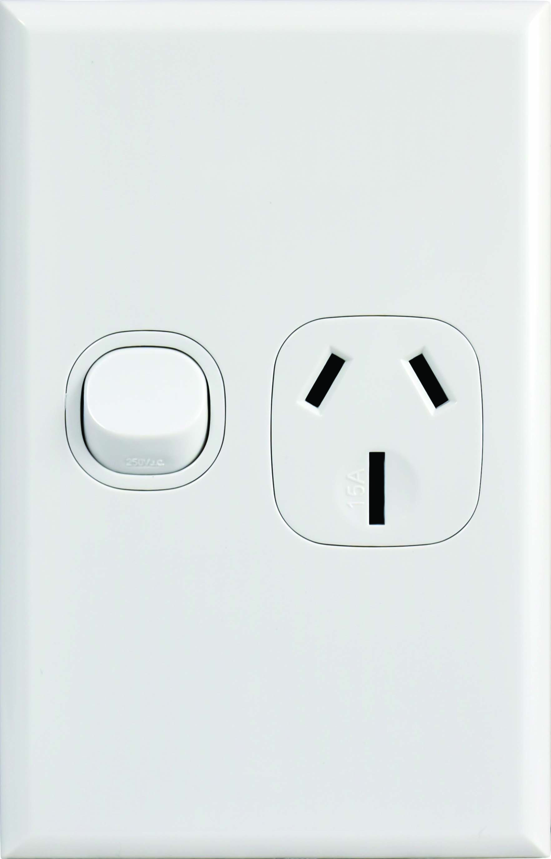 15A Single Switched, Vertical Power Point, White Home
