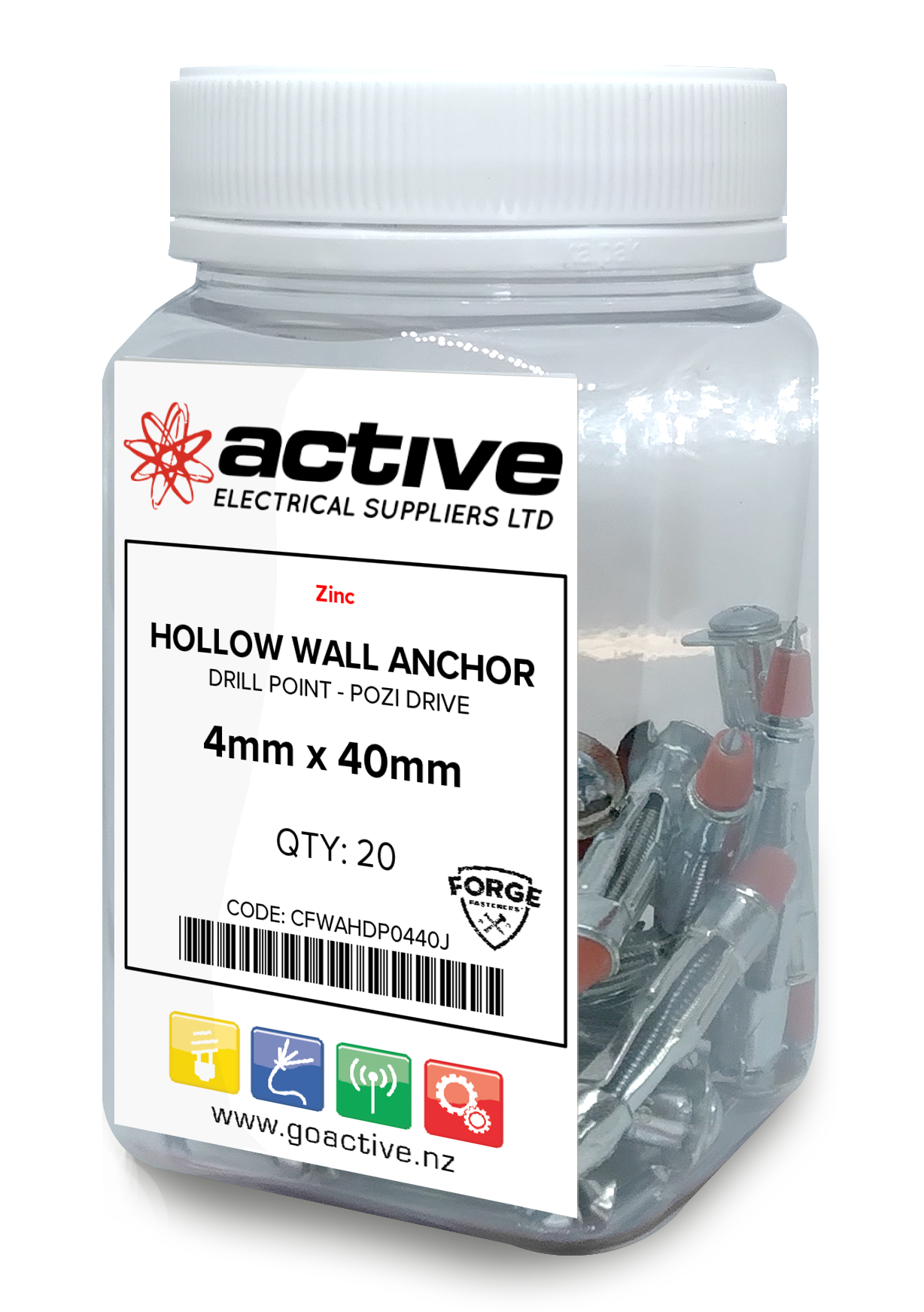 Hollow Wall Anchors Zinc Pozi 4mm x 40mm (7mm Hole Size) (20 Jar)