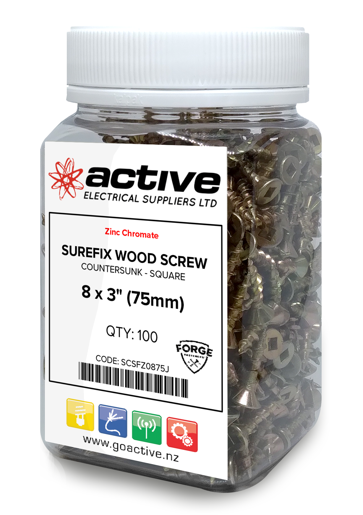 Wood Screw Square Drive Countersunk - Yellow Zinc 8 x 3" (100 Jar)