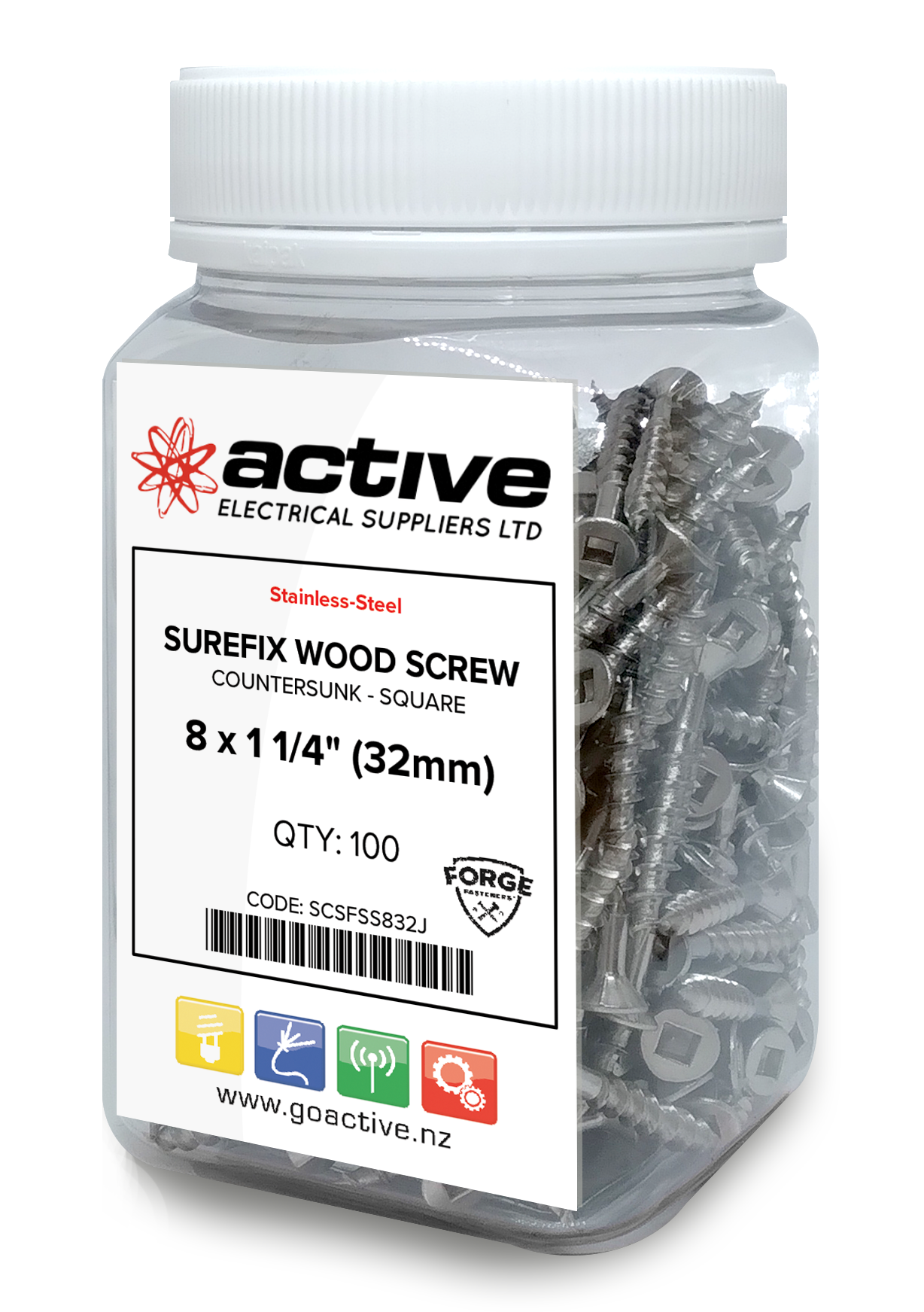 Wood Screw Square Drive Countersunk - Stainless Steel 8 x 1 1/4" (200 Jar)