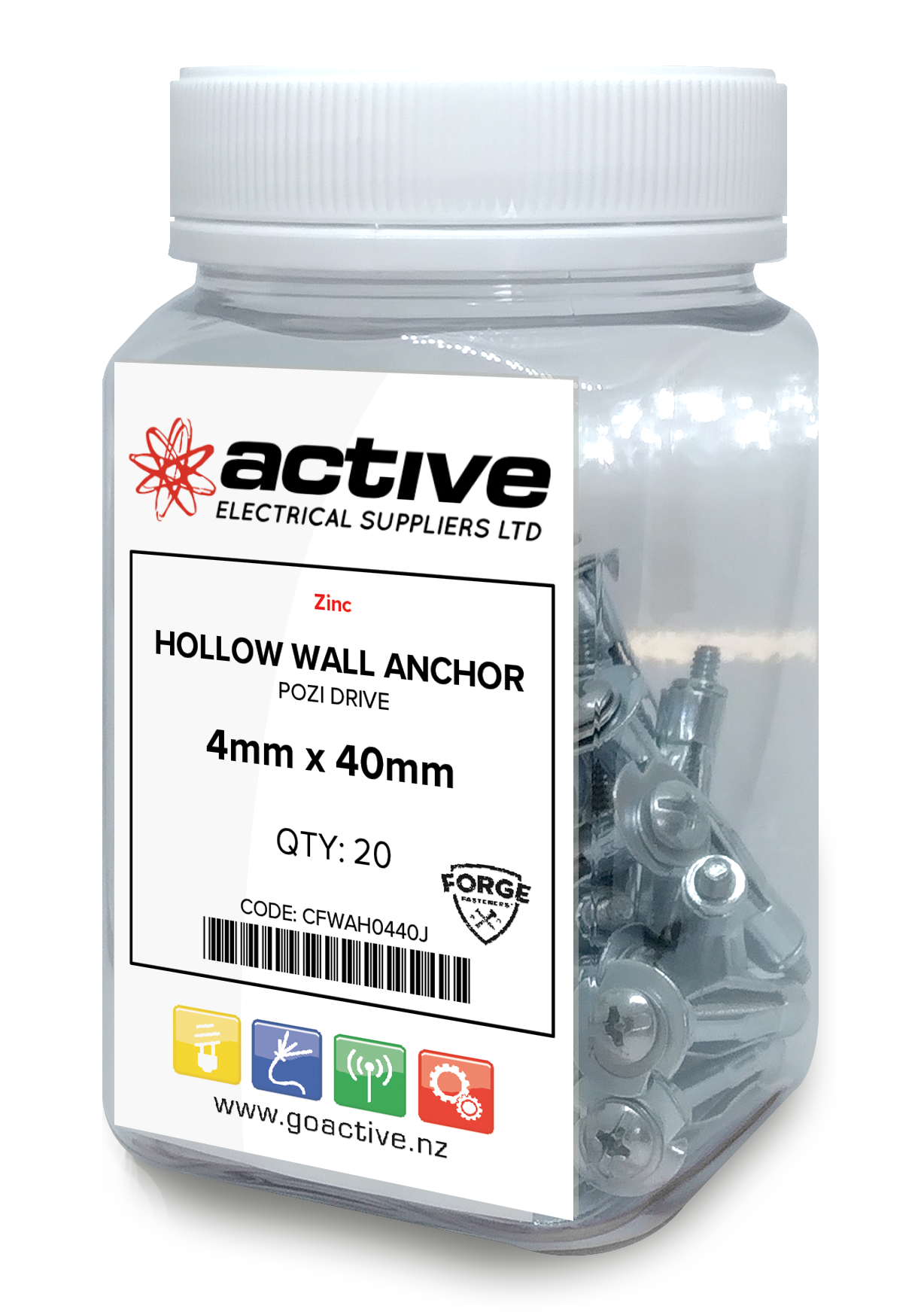 Hollow Wall Anchors Zinc Pozi 4mm x 40mm (8mm Hole Size) (20 Jar)