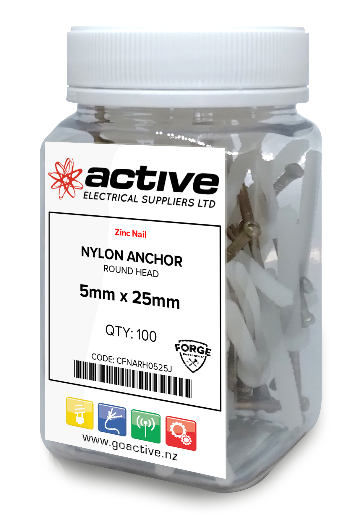 Nylon Anchors Round Head Plastic Zinc Nail 5mm x 25mm (100 Jar)